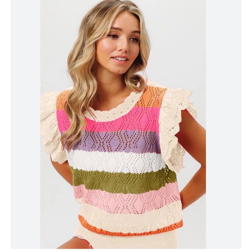 Bibi Cozy‎ Color-Block Open-Knit Sweater Top w/ Ruffle Sleeves, XL